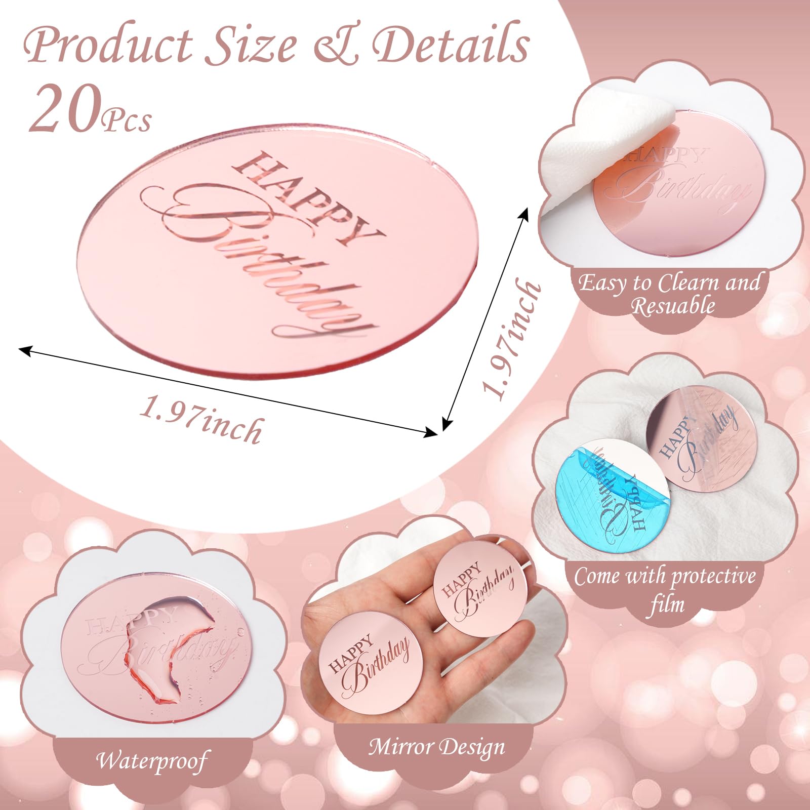 Wolpark 20pcs Pink Mirror Cupcake Toppers – Reusable Acrylic Cake Picks for Birthday Party Decor