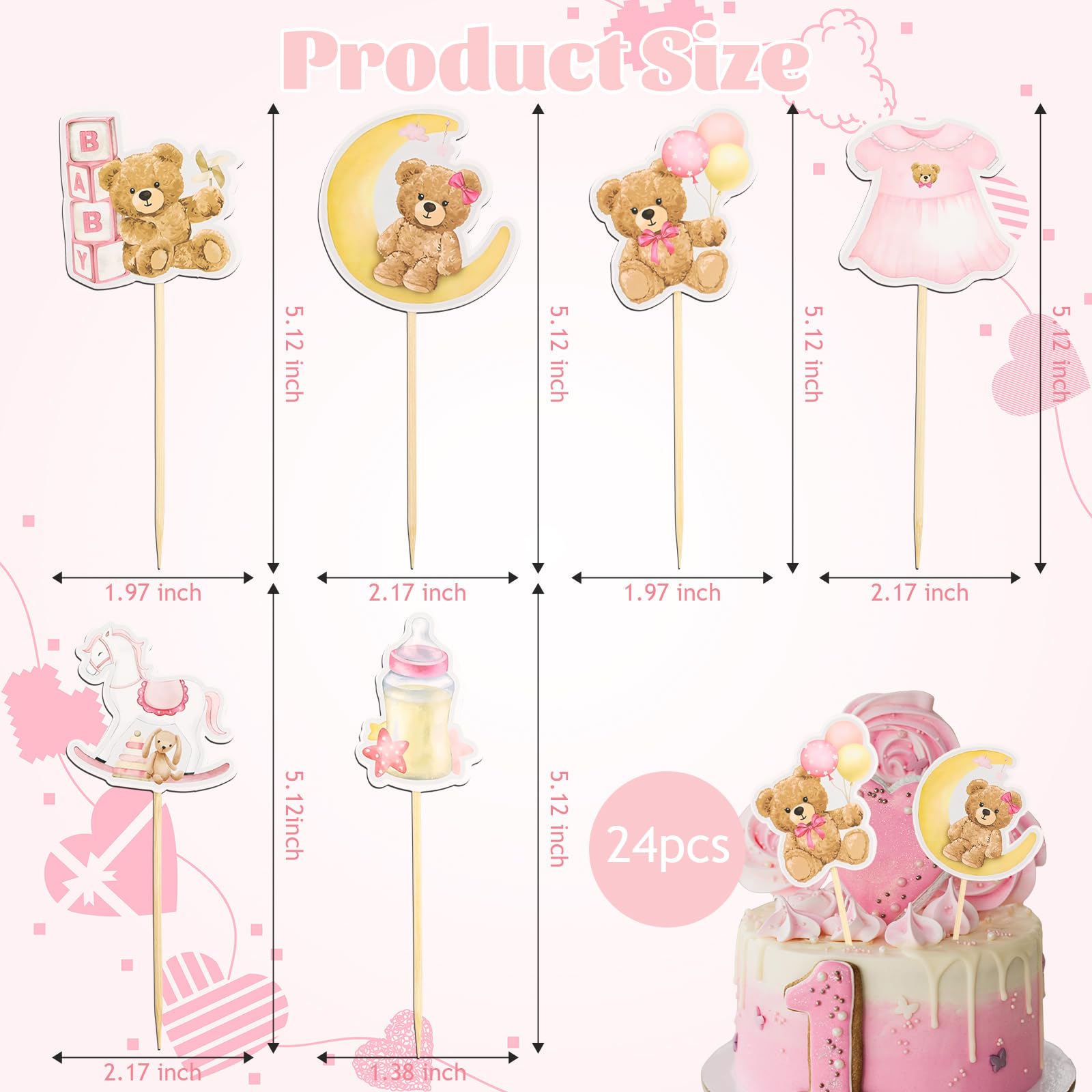 Wolpark 24-Piece Pink Bear Cupcake Toppers – Teddy Bear Party & Gender Reveal Decorations