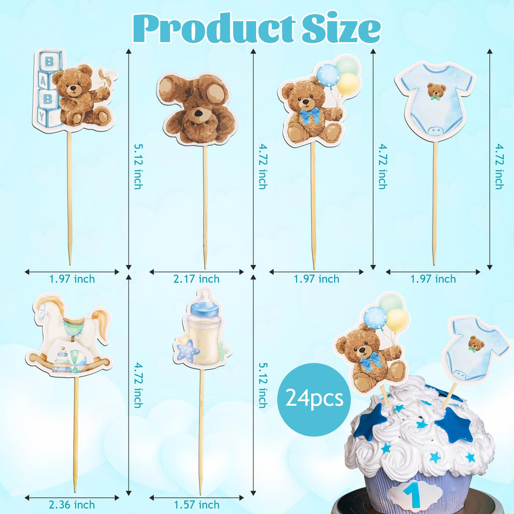 Wolpark 24 Pcs Blue Bear Cupcake Toppers for Teddy Bear Party Decor