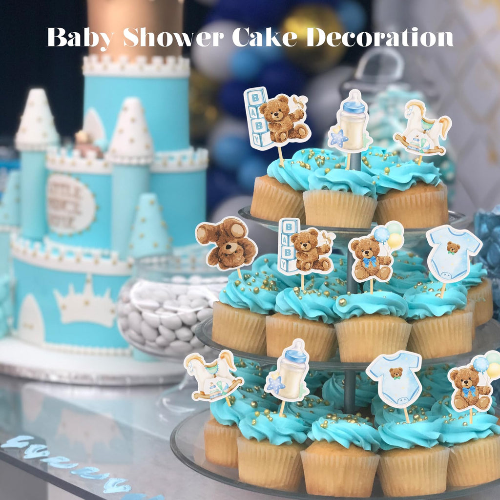 Wolpark 24 Pcs Blue Bear Cupcake Toppers for Teddy Bear Party Decor