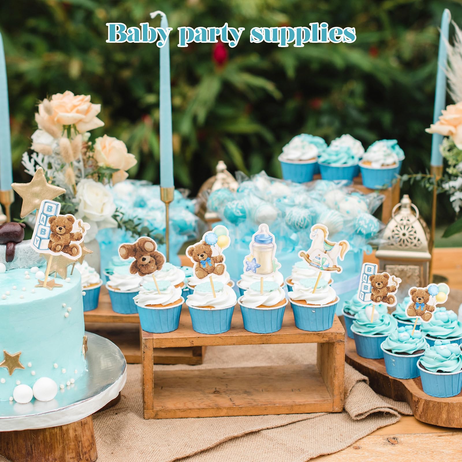 Wolpark 24 Pcs Blue Bear Cupcake Toppers for Teddy Bear Party Decor