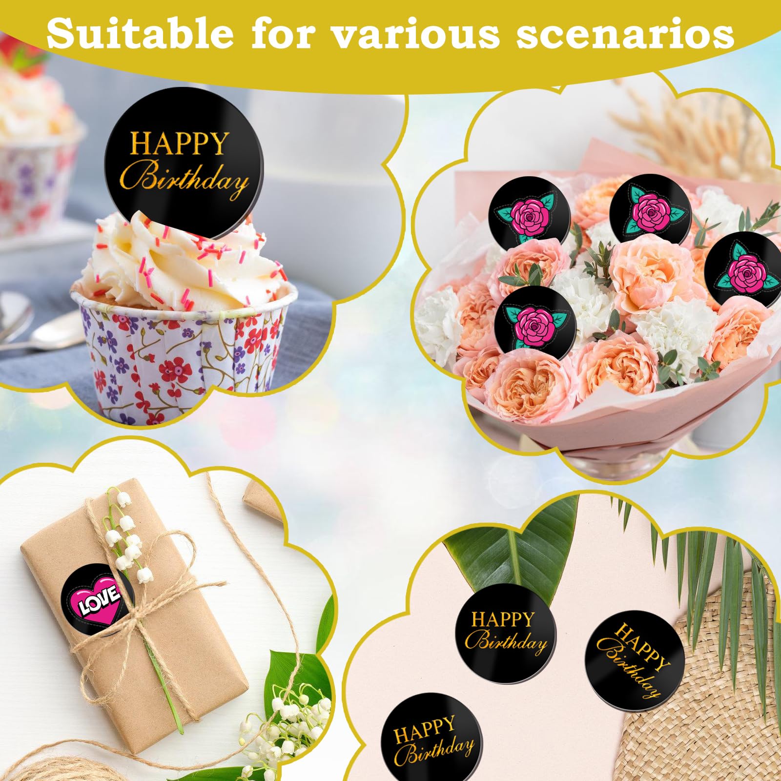 Wolpark 20 Pcs 2-Inch Black Round Blank Acrylic Cupcake Toppers with Stickers – DIY Circle Cake Decor for Parties