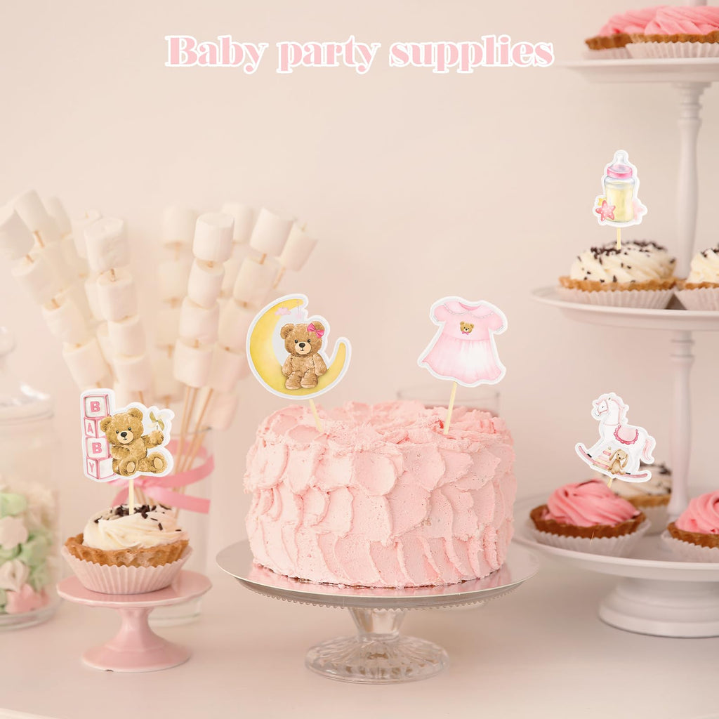 Wolpark 24-Piece Pink Bear Cupcake Toppers – Teddy Bear Party & Gender Reveal Decorations