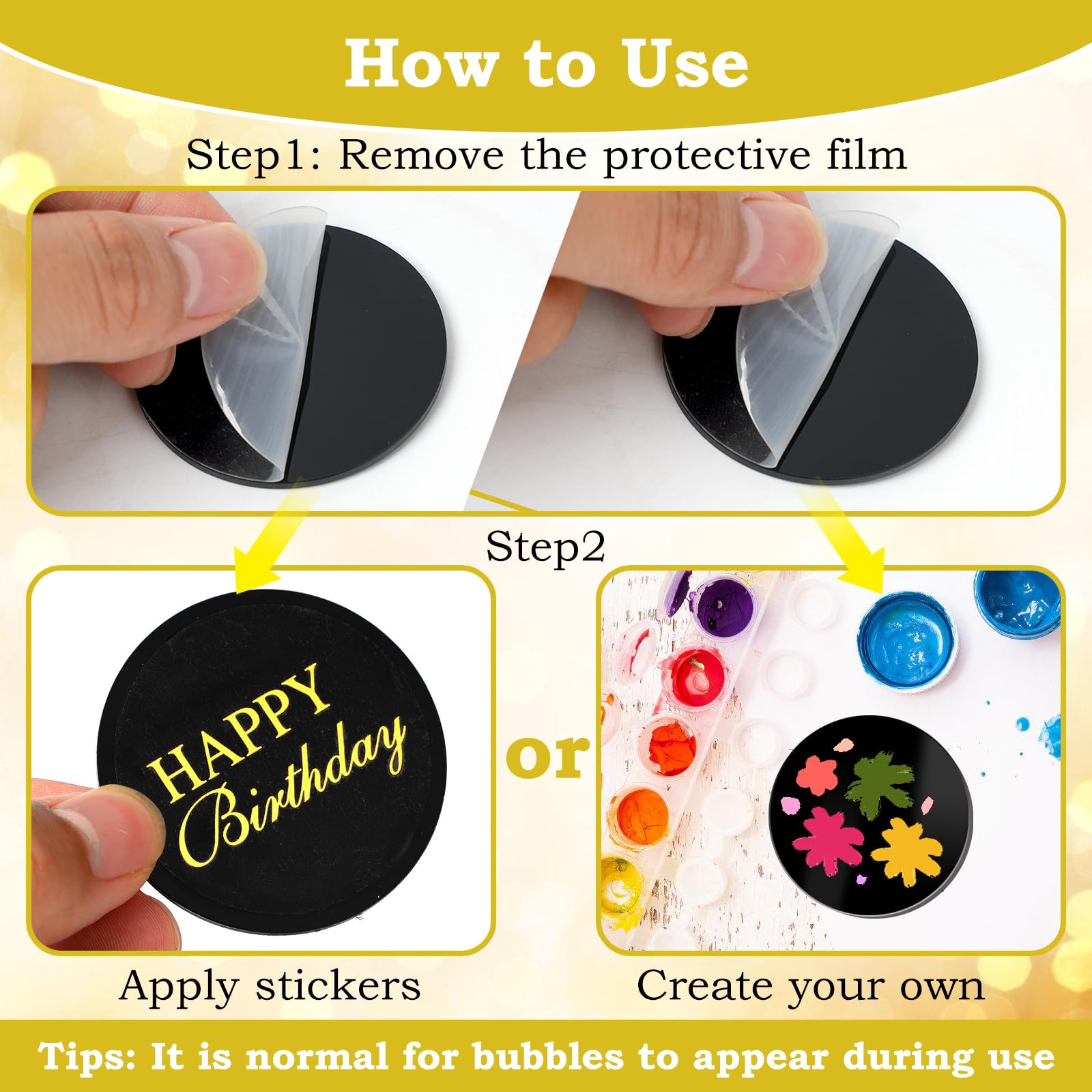 Wolpark 20 Pcs 2-Inch Black Round Blank Acrylic Cupcake Toppers with Stickers – DIY Circle Cake Decor for Parties