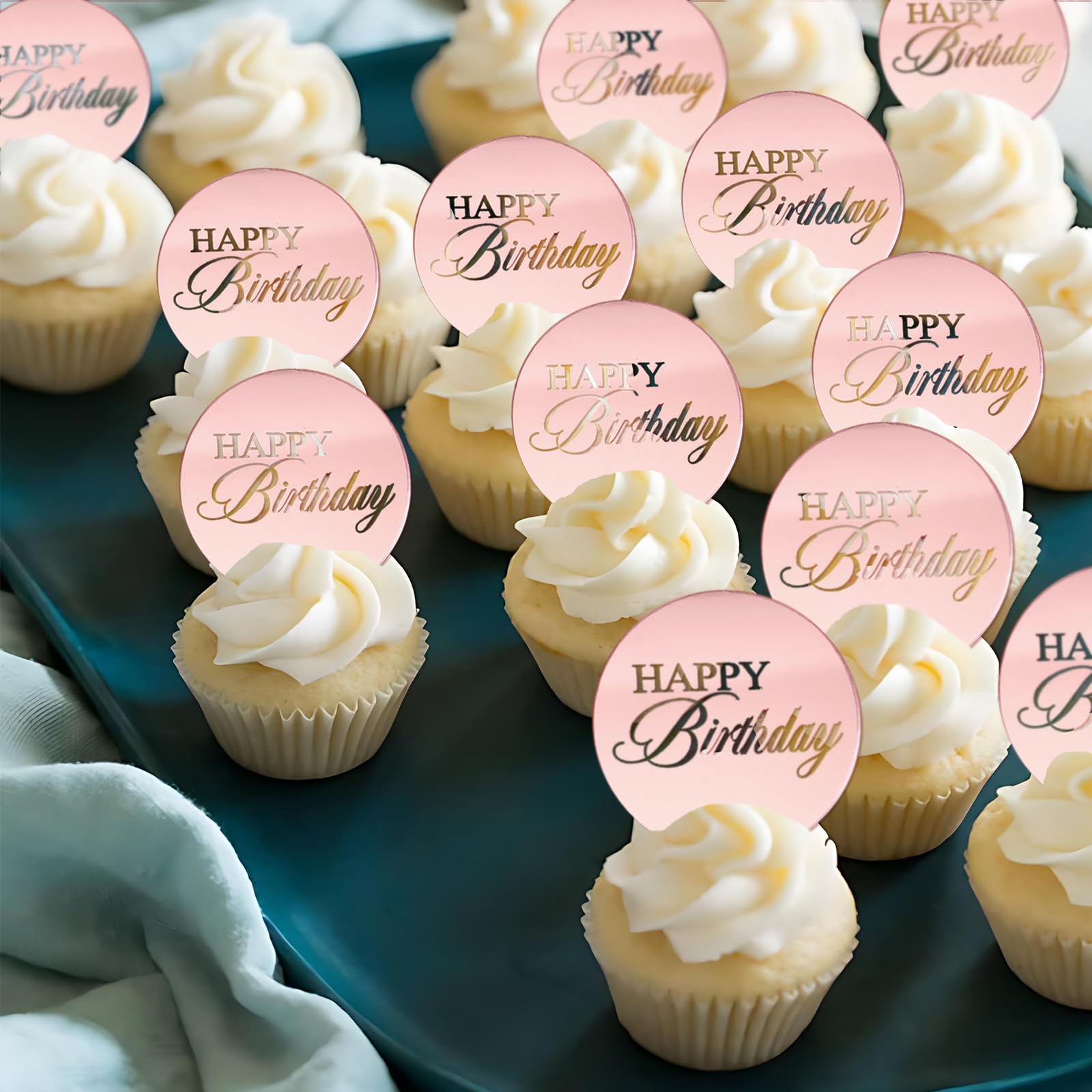Wolpark 20pcs Pink Mirror Cupcake Toppers – Reusable Acrylic Cake Picks for Birthday Party Decor