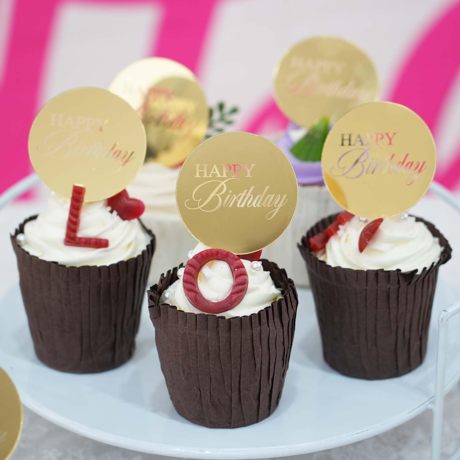 Wolpark 20pcs Gold Mirror Acrylic Cupcake Toppers | Happy Birthday Round Cake Picks, Reusable & Elegant