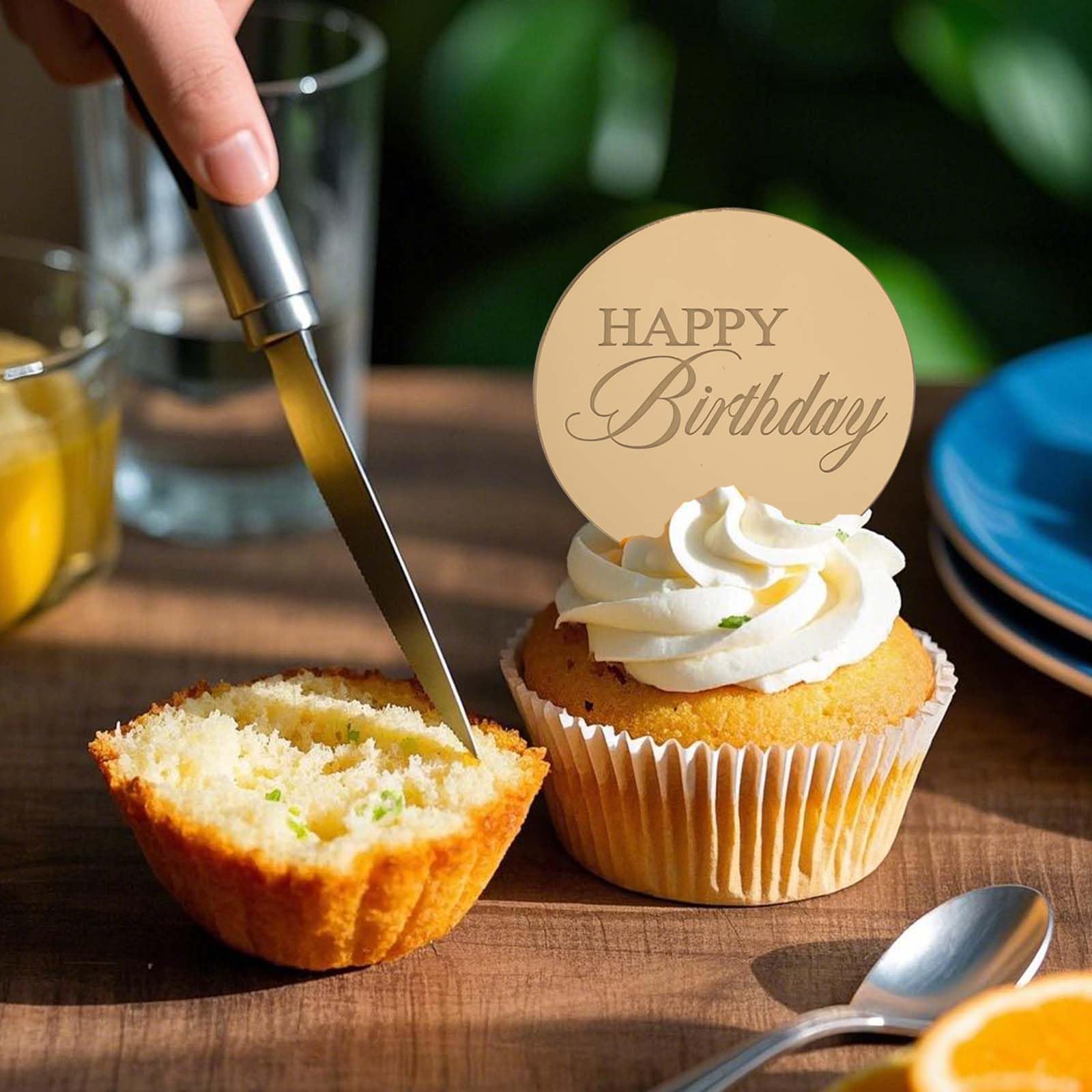 Wolpark 20pcs Gold Mirror Acrylic Cupcake Toppers | Happy Birthday Round Cake Picks, Reusable & Elegant