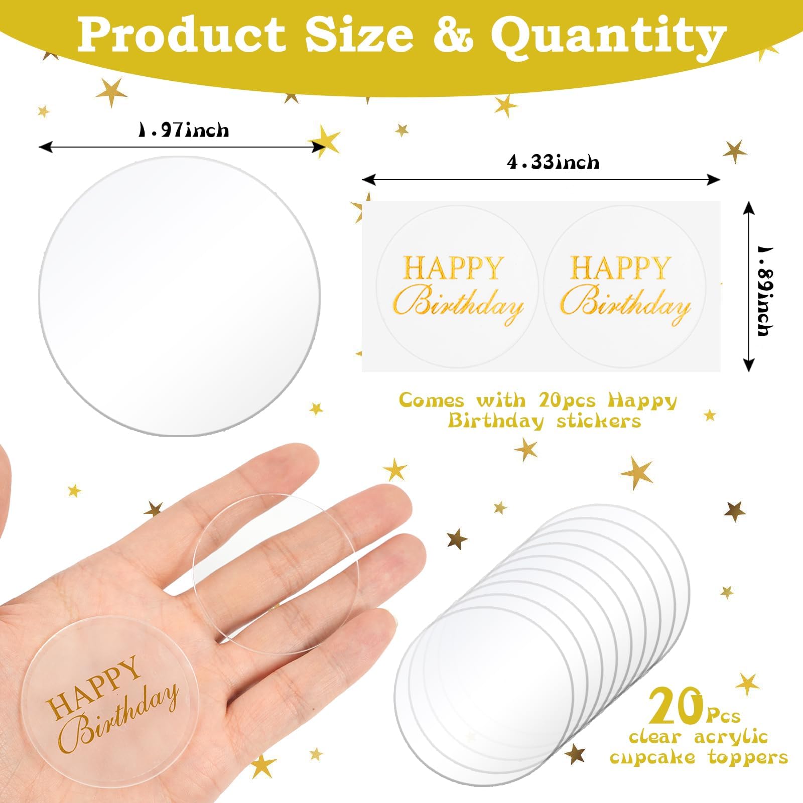 Wolpark 20 Pack 2-Inch Round Clear Acrylic Cupcake Toppers – DIY Personalize for Birthday & Party Decor