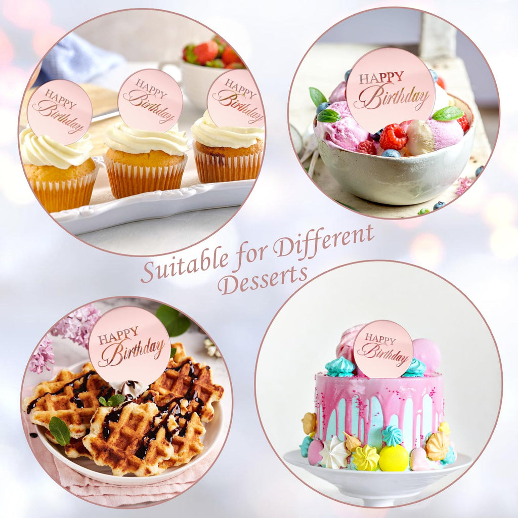 Wolpark 20pcs Pink Mirror Cupcake Toppers – Reusable Acrylic Cake Picks for Birthday Party Decor
