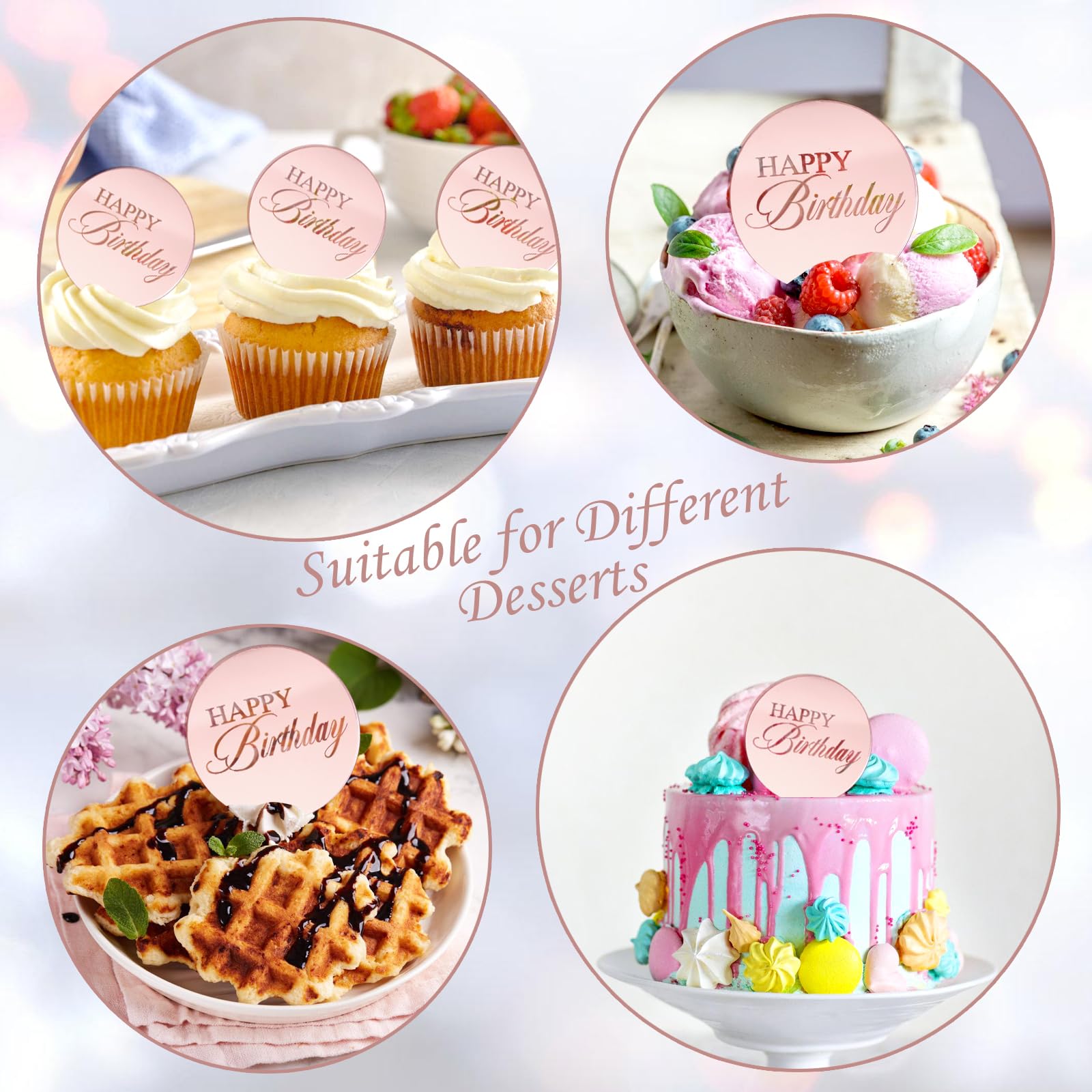 Wolpark 20pcs Pink Mirror Cupcake Toppers – Reusable Acrylic Cake Picks for Birthday Party Decor