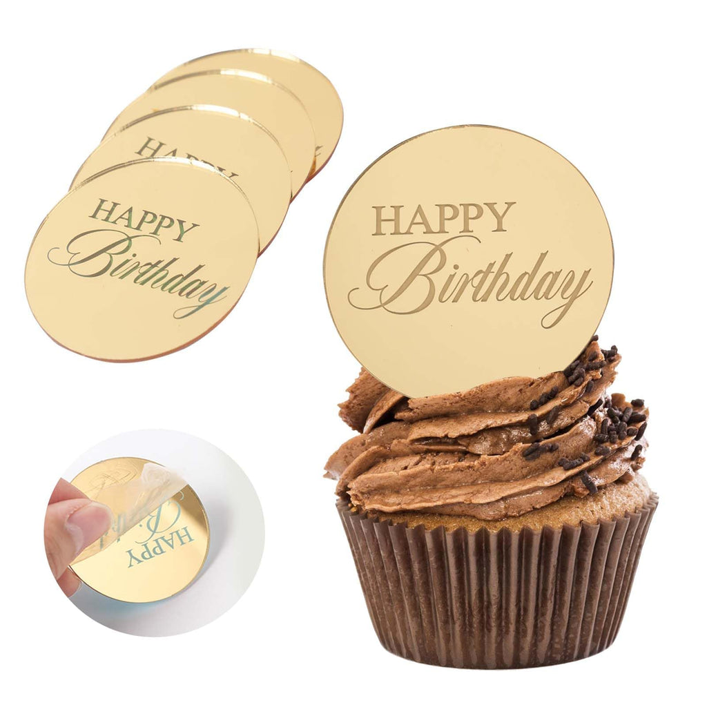 Wolpark 20pcs Gold Mirror Acrylic Cupcake Toppers | Happy Birthday Round Cake Picks, Reusable & Elegant