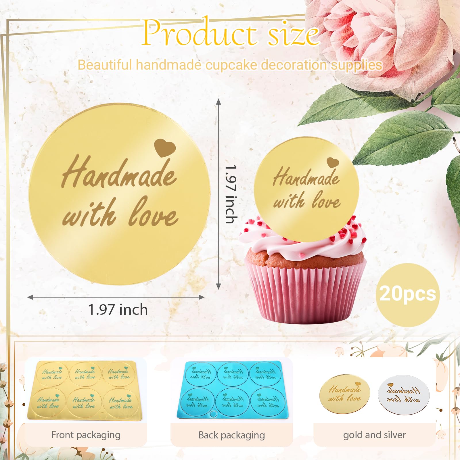 Wolpark Gold Handmade Cupcake Topper - 20 Pcs Acrylic Mirror Tags for Weddings & Parties