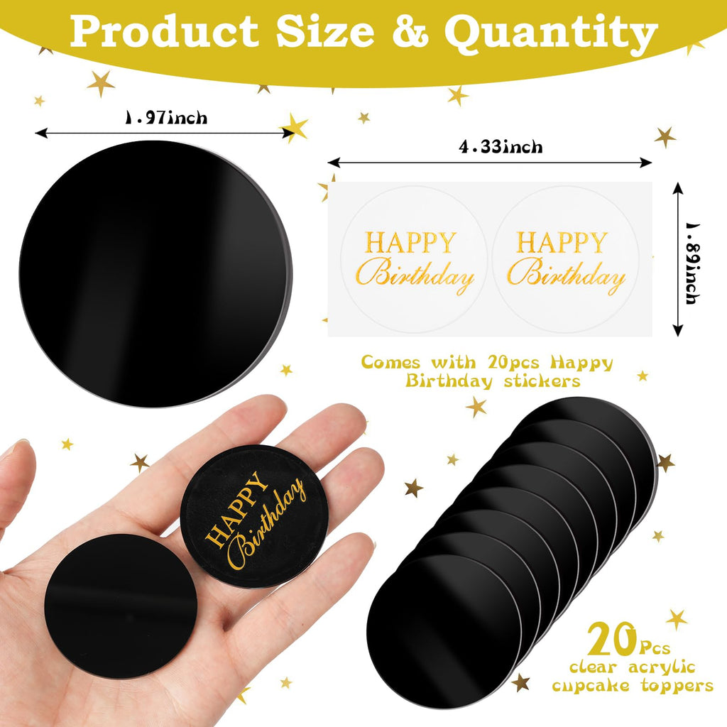 Wolpark 20 Pcs 2-Inch Black Round Blank Acrylic Cupcake Toppers with Stickers – DIY Circle Cake Decor for Parties