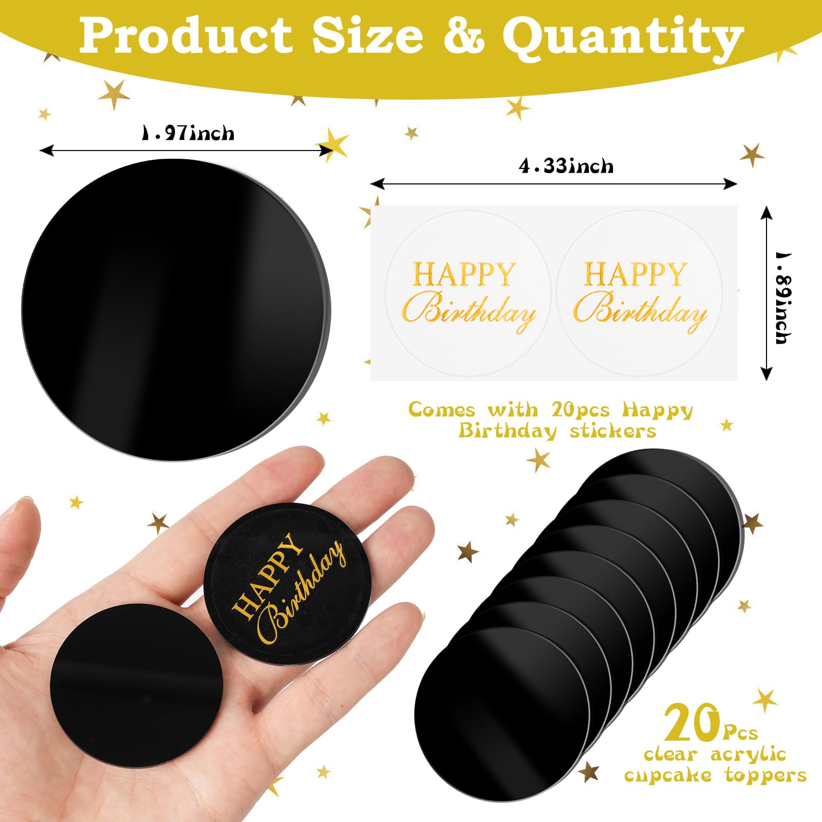 Wolpark 20 Pcs 2-Inch Black Round Blank Acrylic Cupcake Toppers with Stickers – DIY Circle Cake Decor for Parties