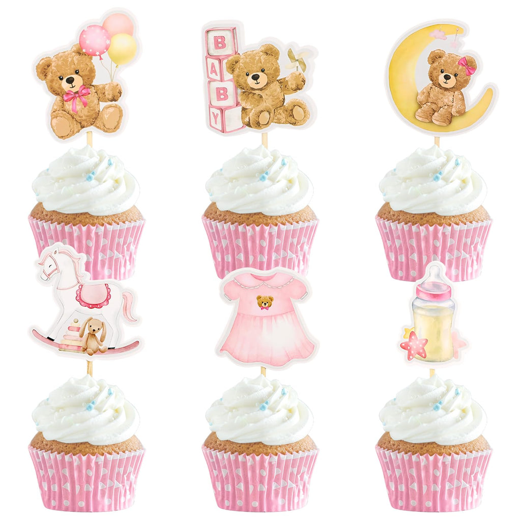 Wolpark 24-Piece Pink Bear Cupcake Toppers – Teddy Bear Party & Gender Reveal Decorations