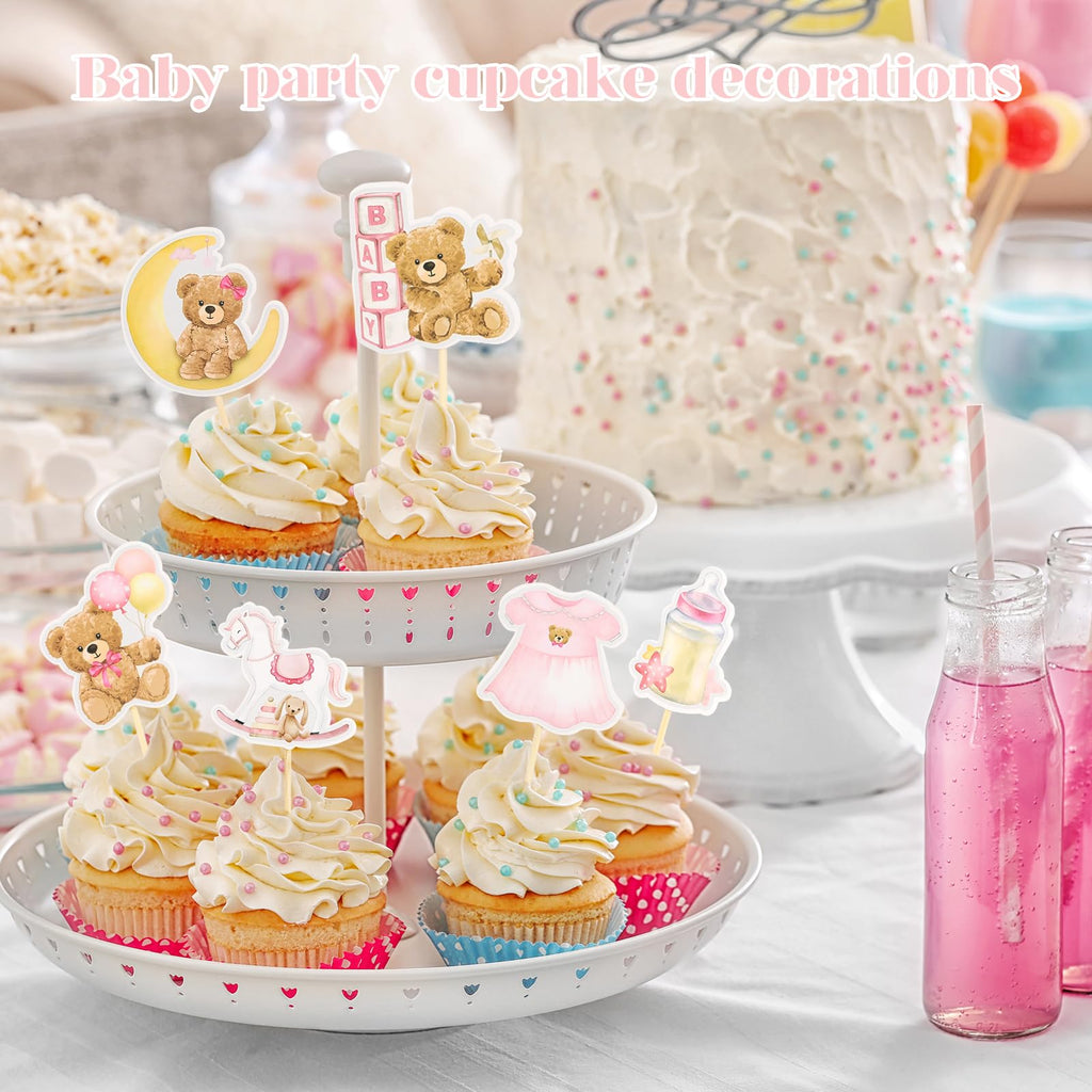 Wolpark 24-Piece Pink Bear Cupcake Toppers – Teddy Bear Party & Gender Reveal Decorations