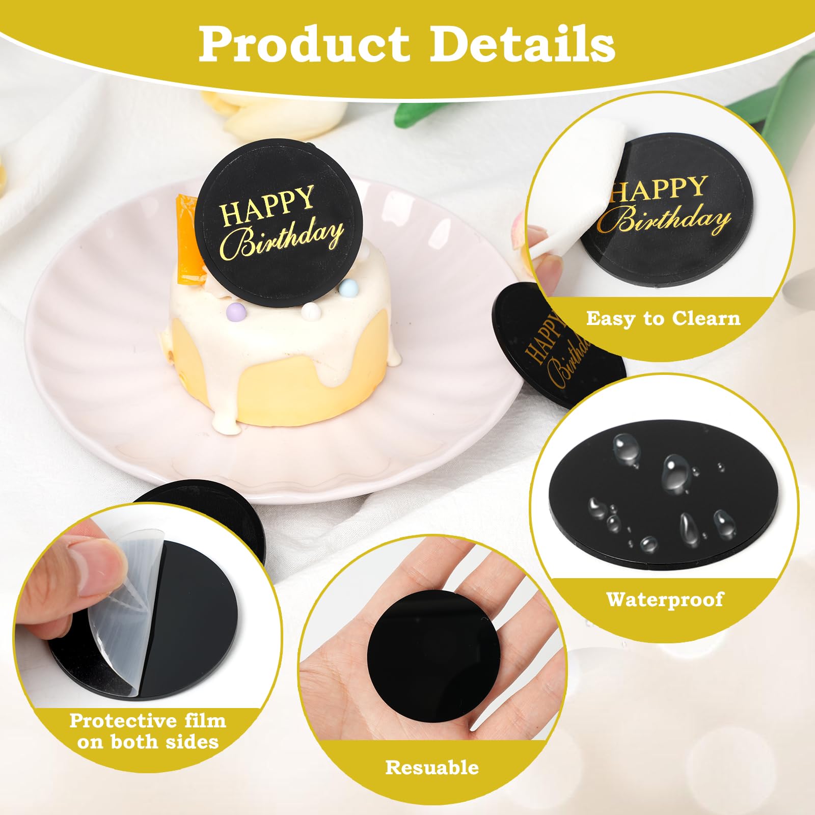 Wolpark 20 Pcs 2-Inch Black Round Blank Acrylic Cupcake Toppers with Stickers – DIY Circle Cake Decor for Parties