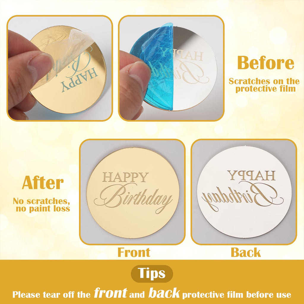 Wolpark 20pcs Gold Mirror Acrylic Cupcake Toppers | Happy Birthday Round Cake Picks, Reusable & Elegant
