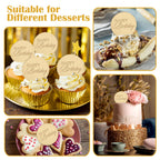 Wolpark 20pcs Gold Mirror Acrylic Cupcake Toppers | Happy Birthday Round Cake Picks, Reusable & Elegant