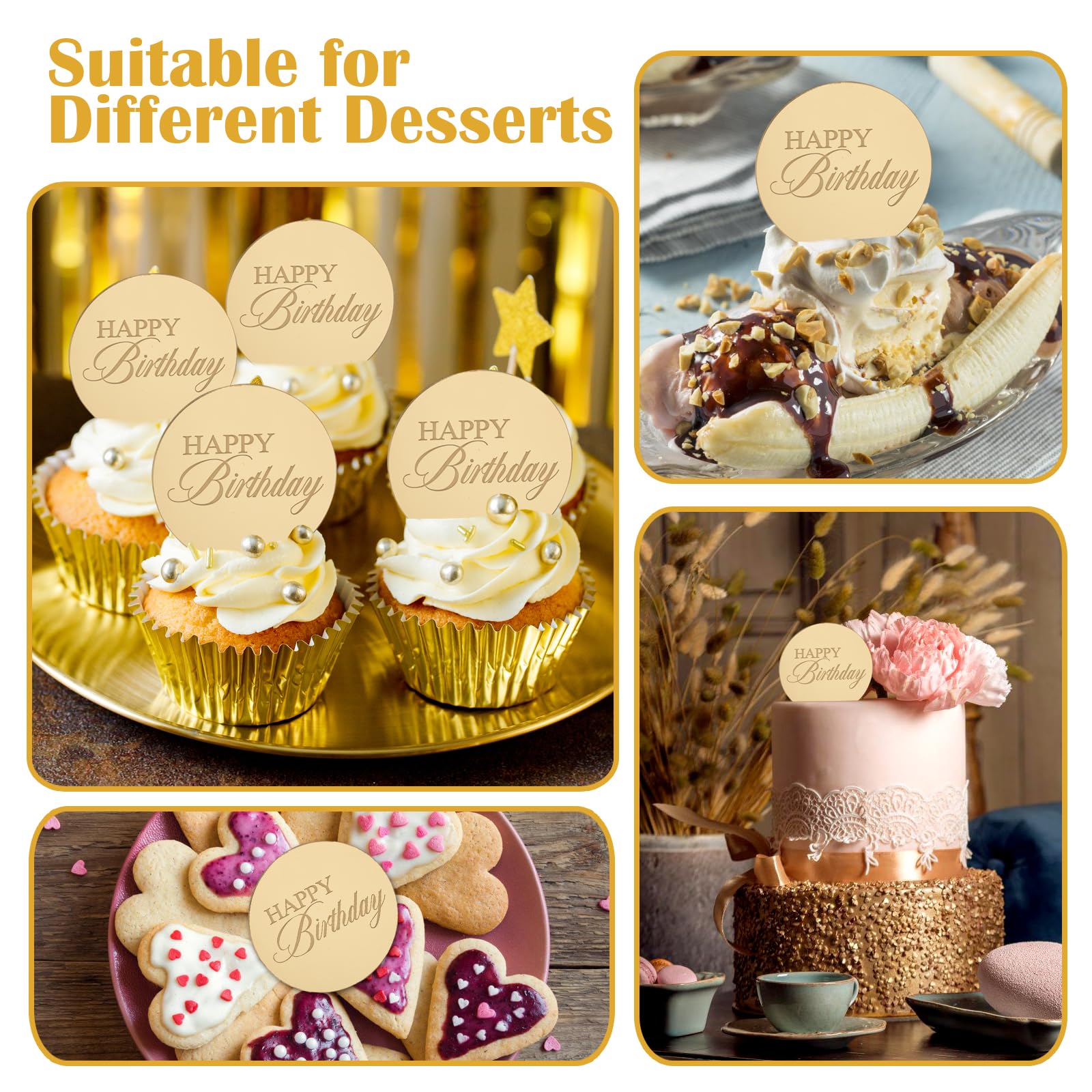 Wolpark 20pcs Gold Mirror Acrylic Cupcake Toppers | Happy Birthday Round Cake Picks, Reusable & Elegant