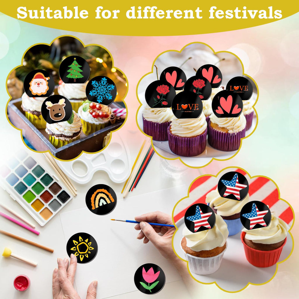 Wolpark 20 Pcs 2-Inch Black Round Blank Acrylic Cupcake Toppers with Stickers – DIY Circle Cake Decor for Parties