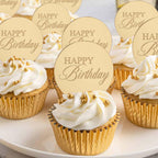 Wolpark 20pcs Gold Mirror Acrylic Cupcake Toppers | Happy Birthday Round Cake Picks, Reusable & Elegant