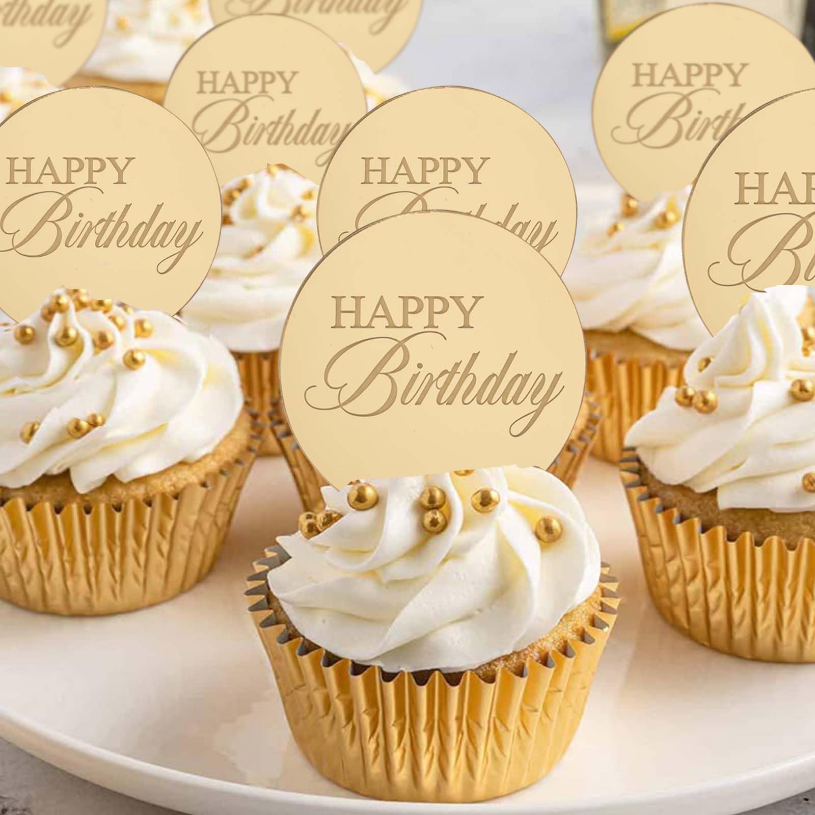 Wolpark 20pcs Gold Mirror Acrylic Cupcake Toppers | Happy Birthday Round Cake Picks, Reusable & Elegant
