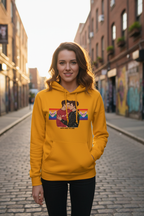 Woman in mustard hoodie hero shot