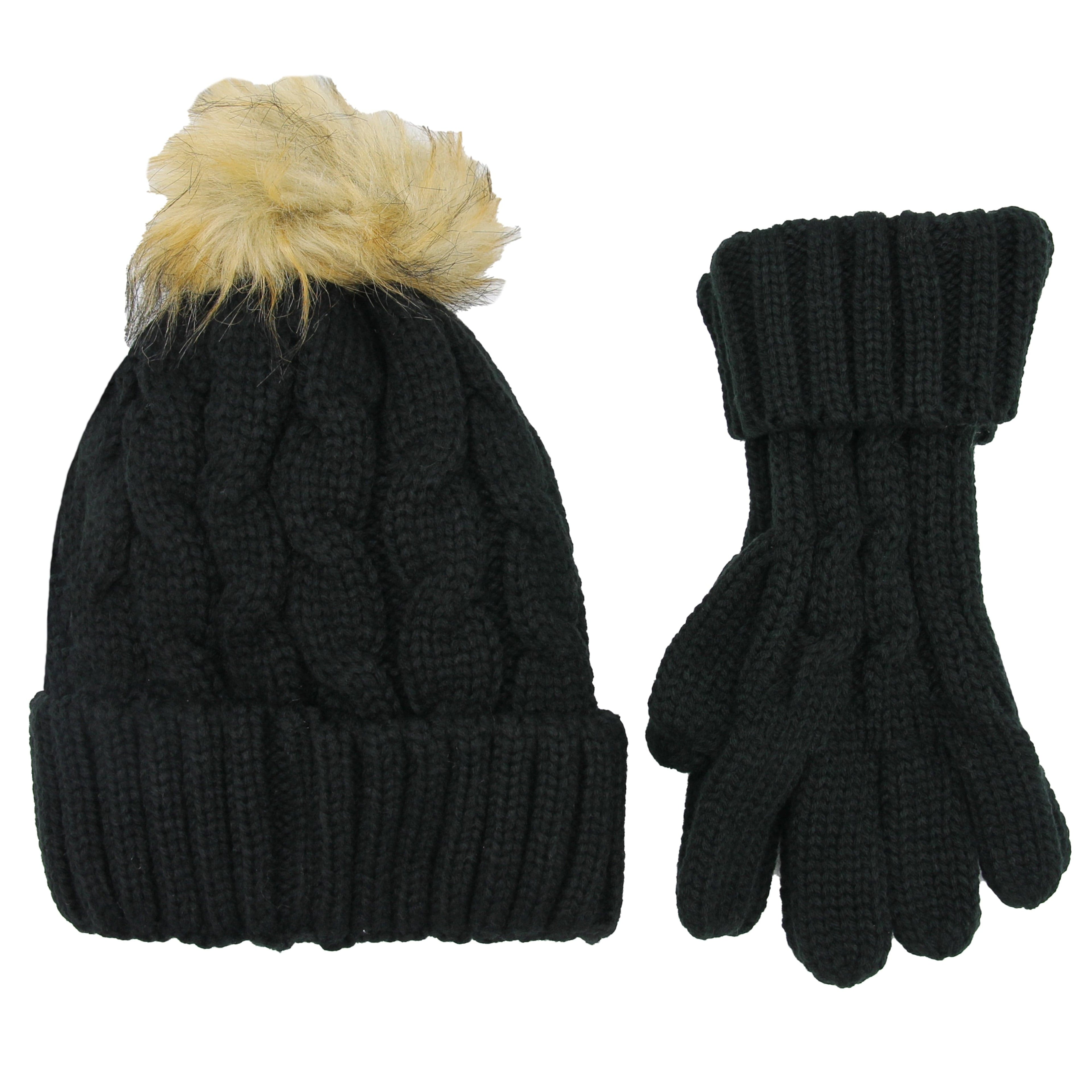 Heatwave Thermalwear Womens Black Chunky Knit Hat and Gloves Set with Faux Fur Pom Pom