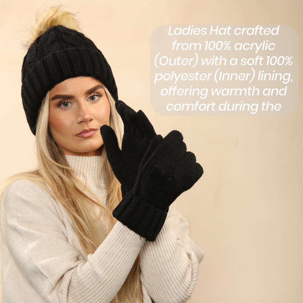 Heatwave Thermalwear Womens Black Chunky Knit Hat and Gloves Set with Faux Fur Pom Pom