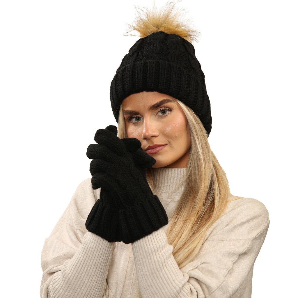 Heatwave Thermalwear Womens Black Chunky Knit Hat and Gloves Set with Faux Fur Pom Pom