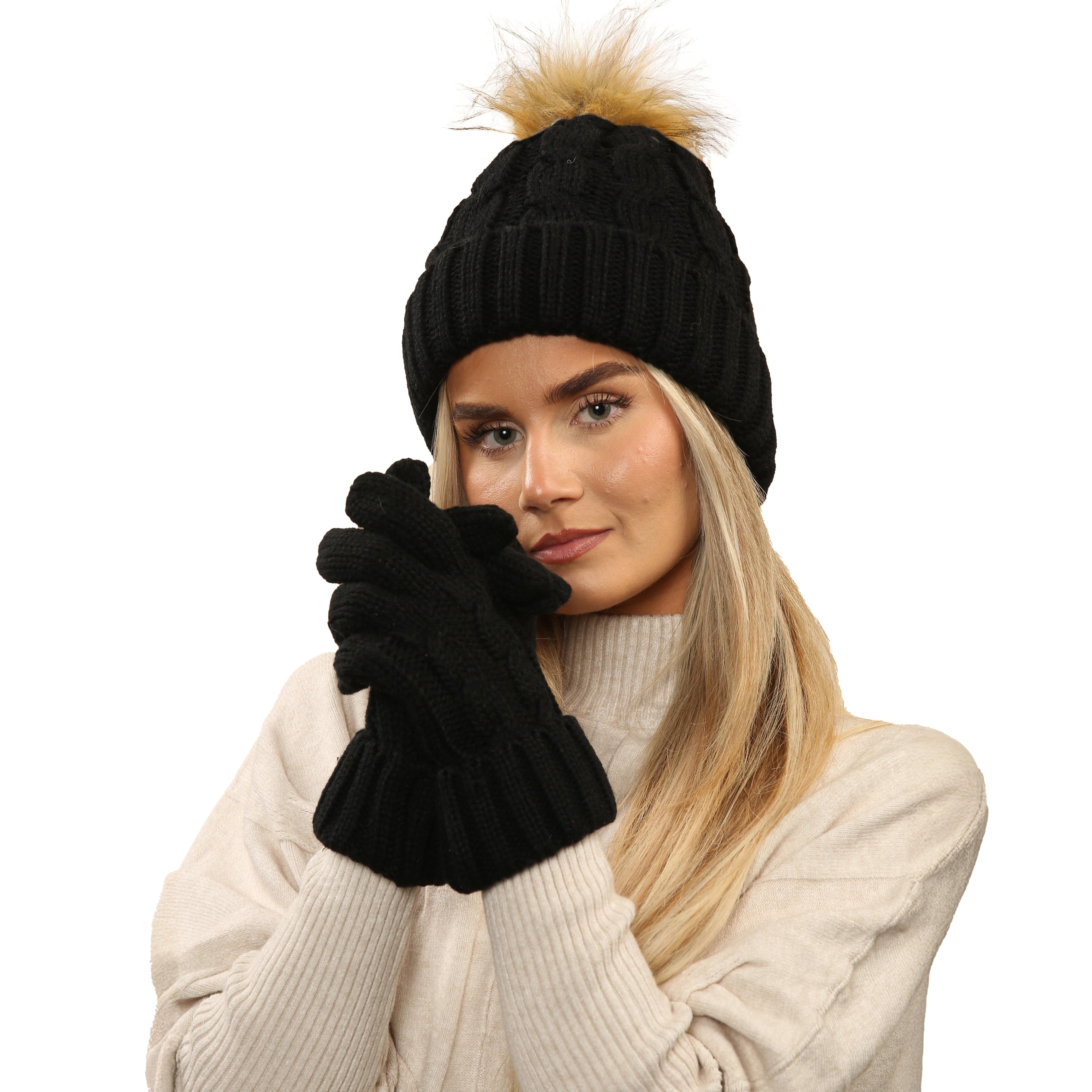 Heatwave Thermalwear Womens Black Chunky Knit Hat and Gloves Set with Faux Fur Pom Pom