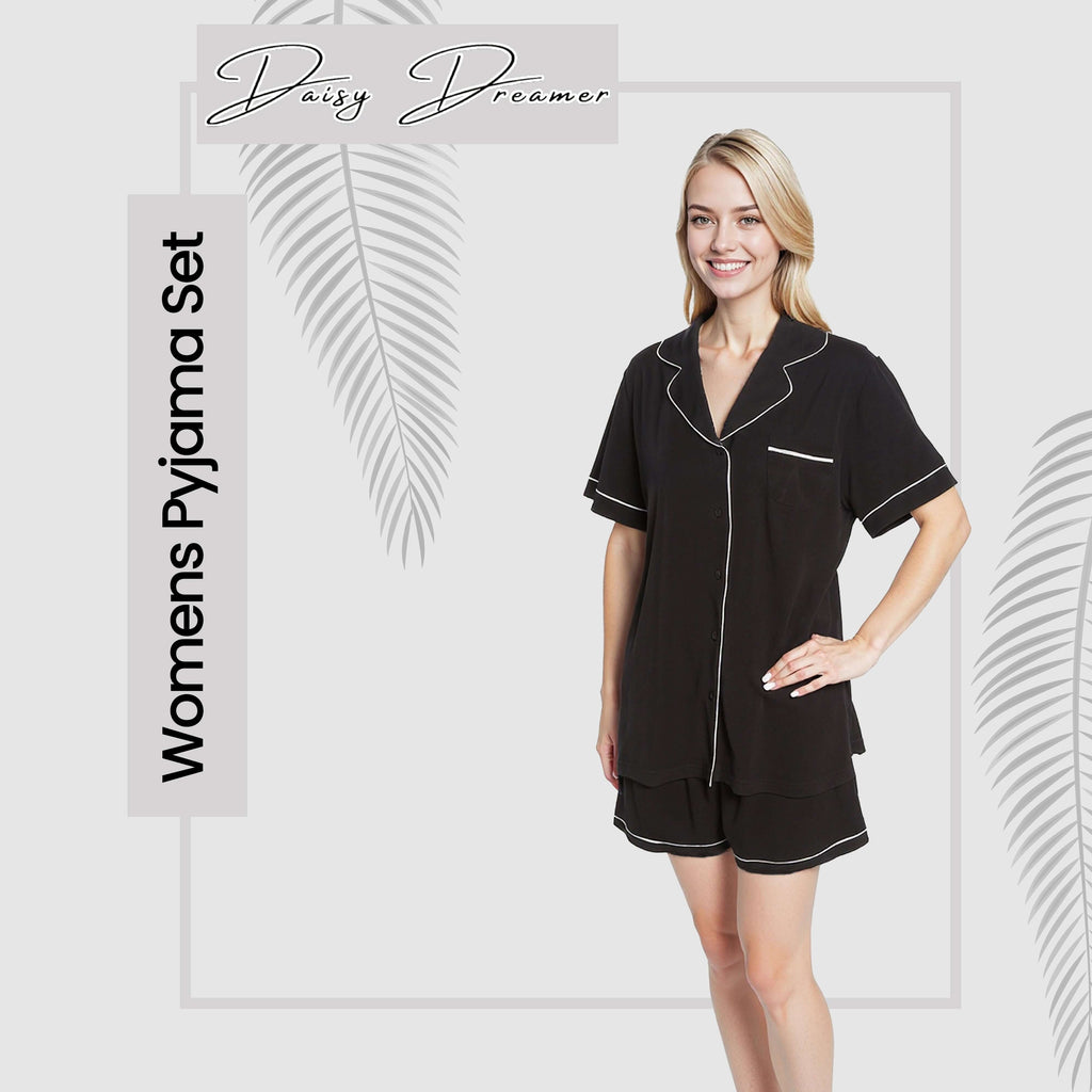 Daisy Dreamer Women's Black Short Pyjama Set Super Soft Sleepwear with Button Up Top