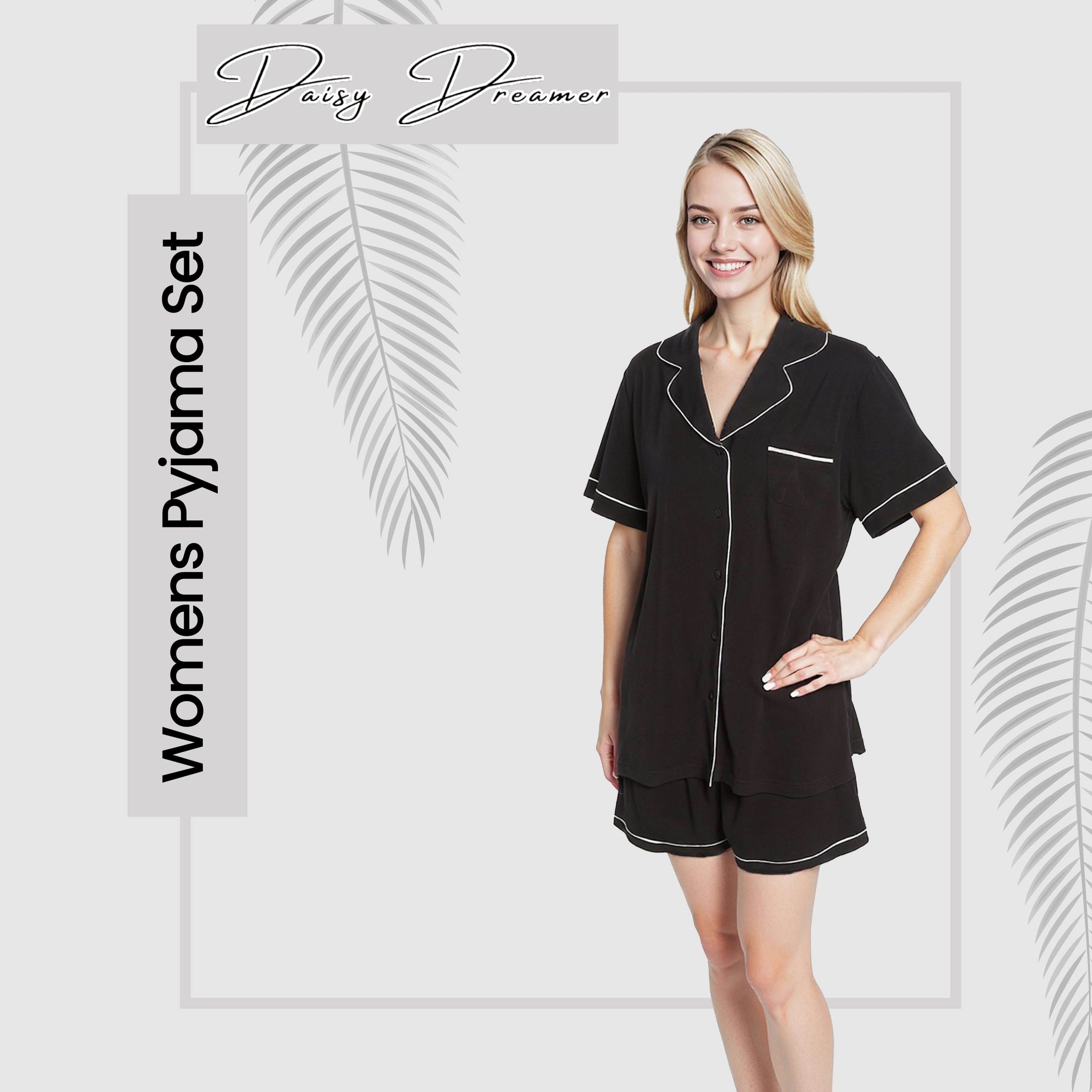Daisy Dreamer Women's Black Short Pyjama Set Super Soft Sleepwear with Button Up Top