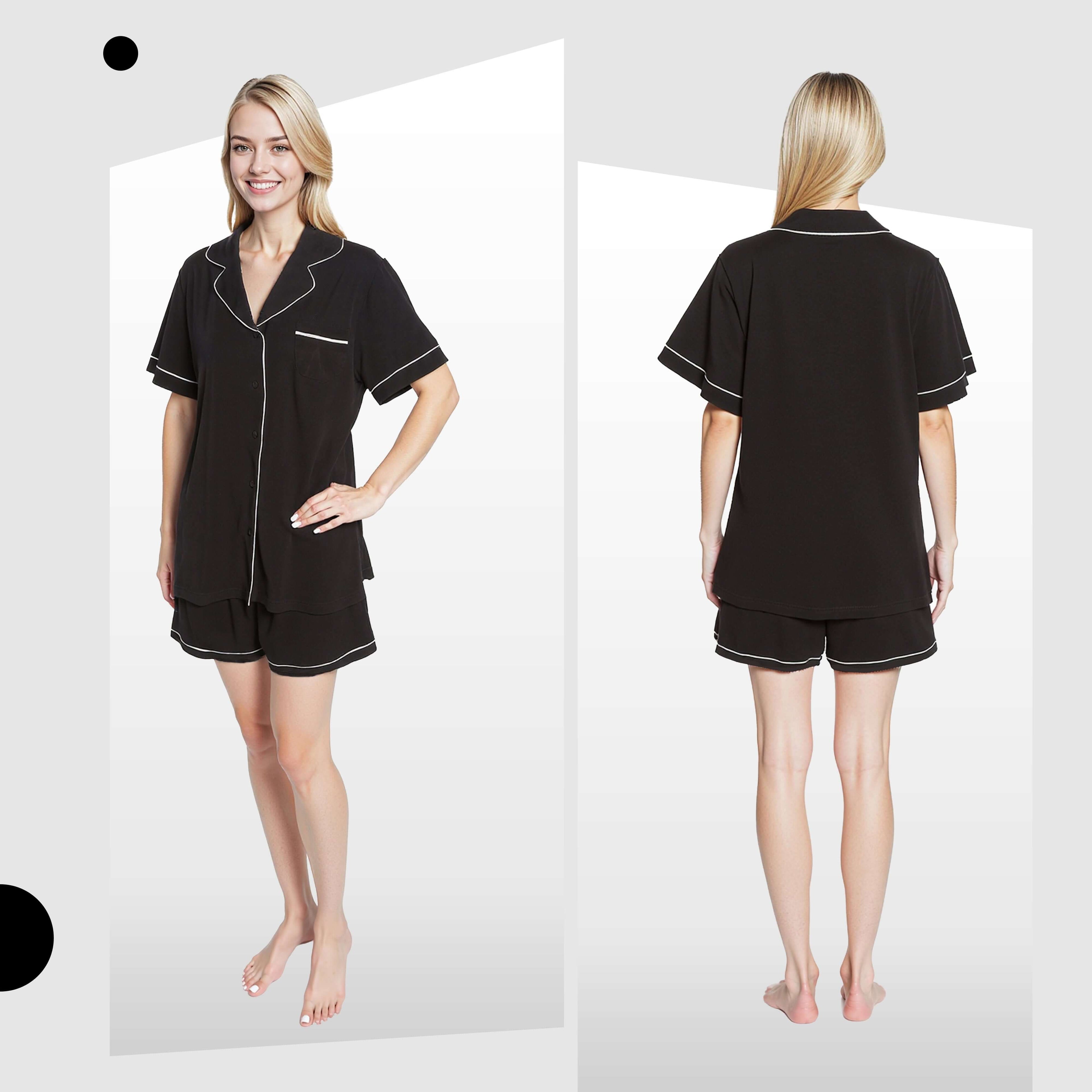 Daisy Dreamer Women's Black Short Pyjama Set Super Soft Sleepwear with Button Up Top