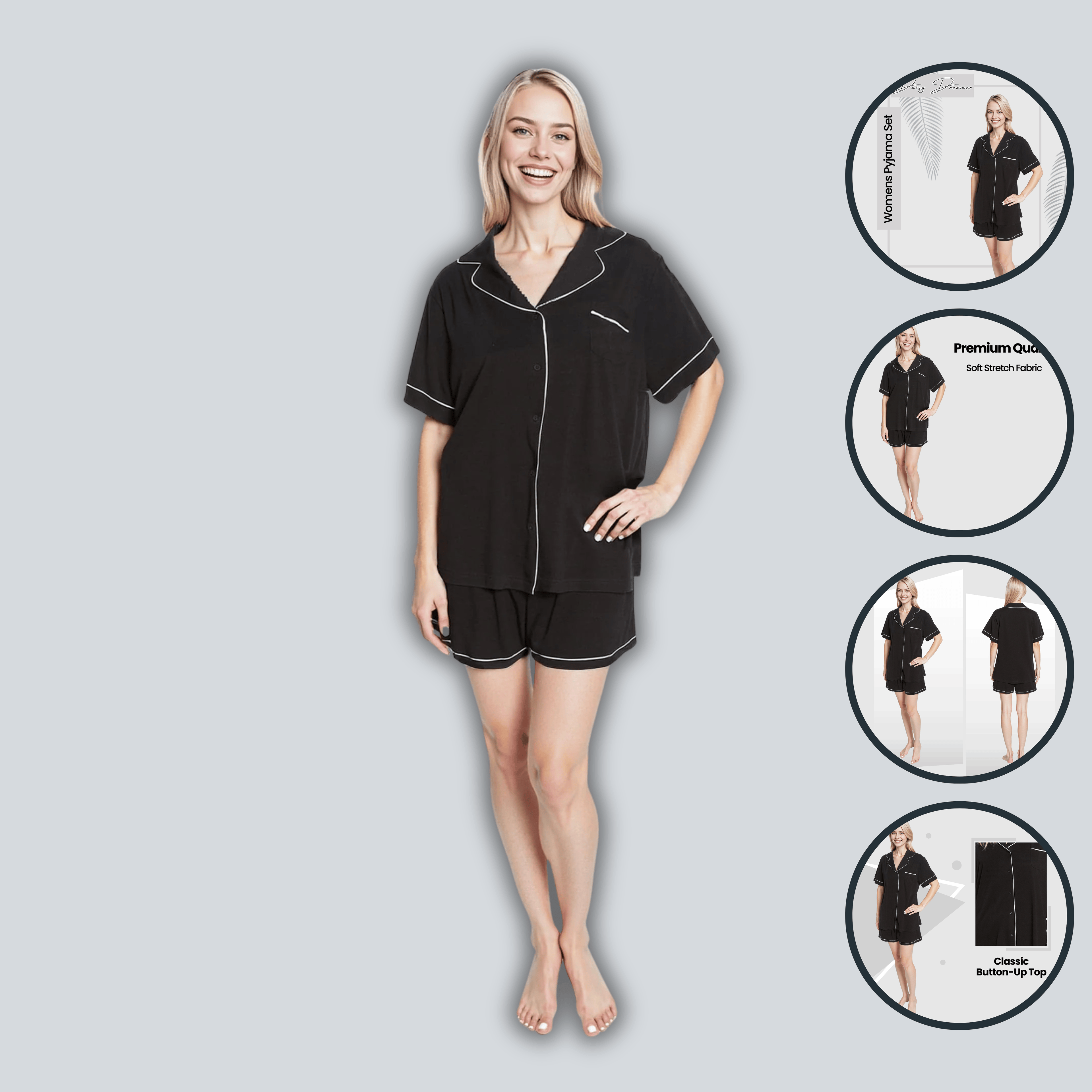 Daisy Dreamer Women's Black Short Pyjama Set Super Soft Sleepwear with Button Up Top
