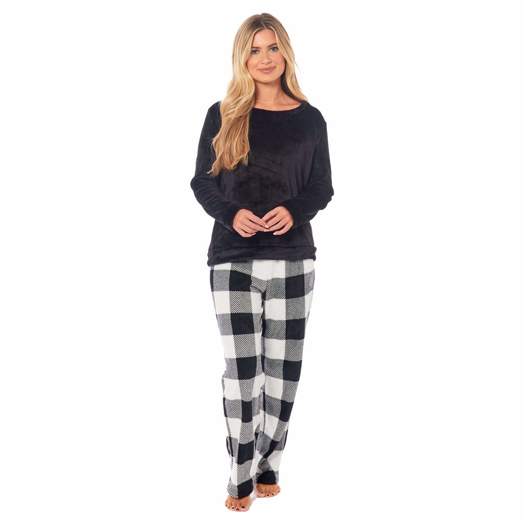 Daisy Dreamer Women's Buffalo Check Fleece Pyjama Set With Long Sleeve Top And Bottoms