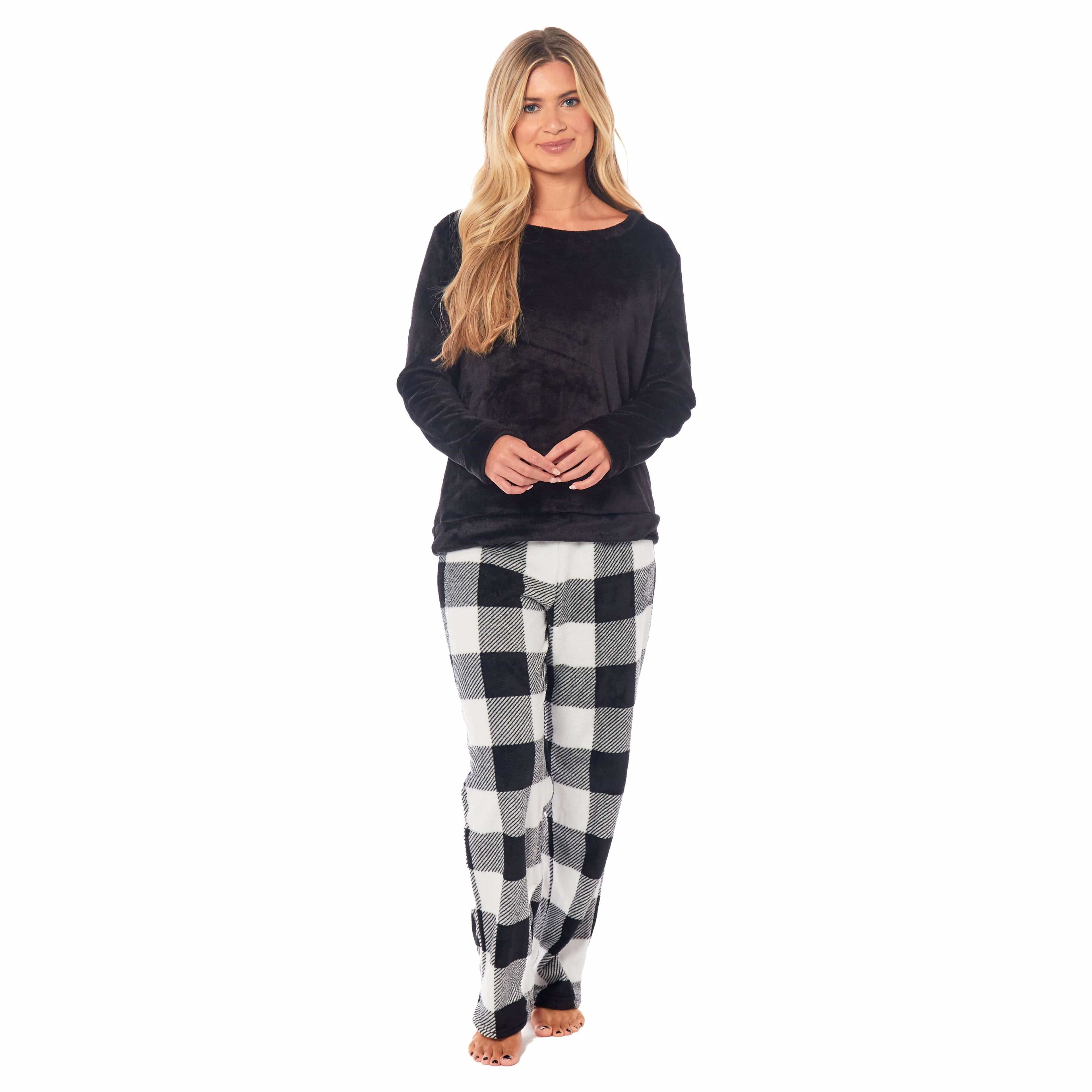 Daisy Dreamer Women's Buffalo Check Fleece Pyjama Set With Long Sleeve Top And Bottoms