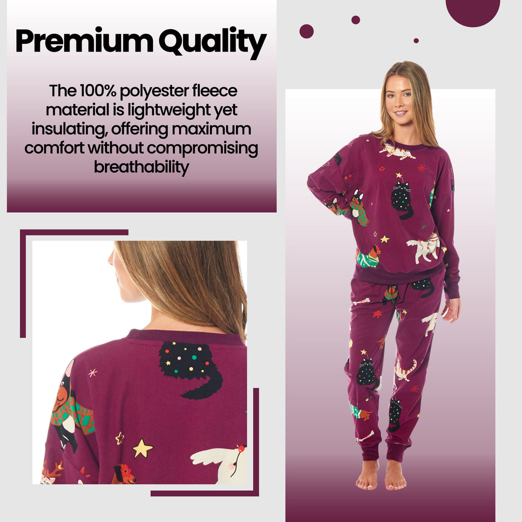 Daisy Dreamer Women's Cat And Dog Print Fleece Pyjama Set Long Sleeve Sleepwear Cosy Cotton Rich Nightwear Set
