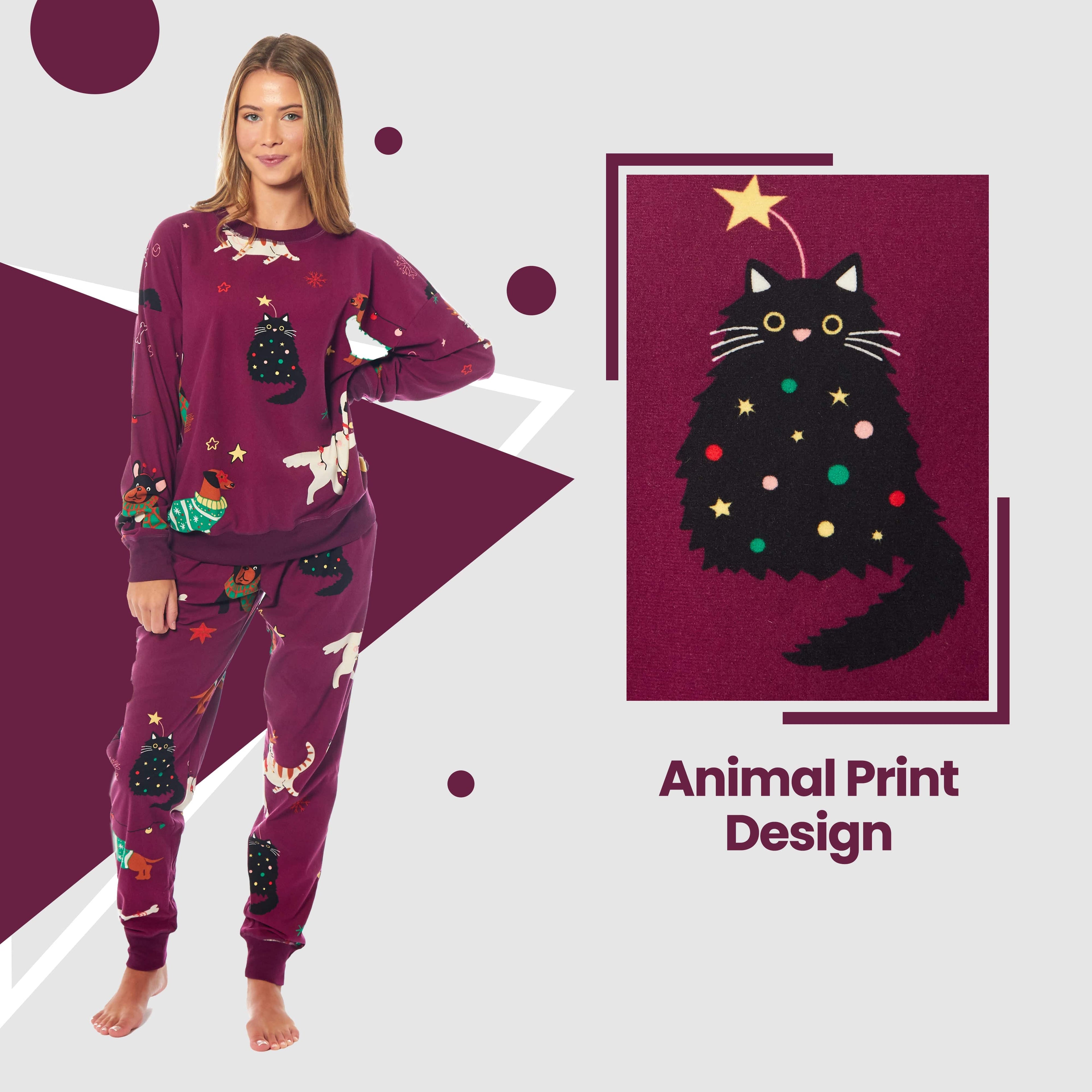 Daisy Dreamer Women's Cat And Dog Print Fleece Pyjama Set Long Sleeve Sleepwear Cosy Cotton Rich Nightwear Set