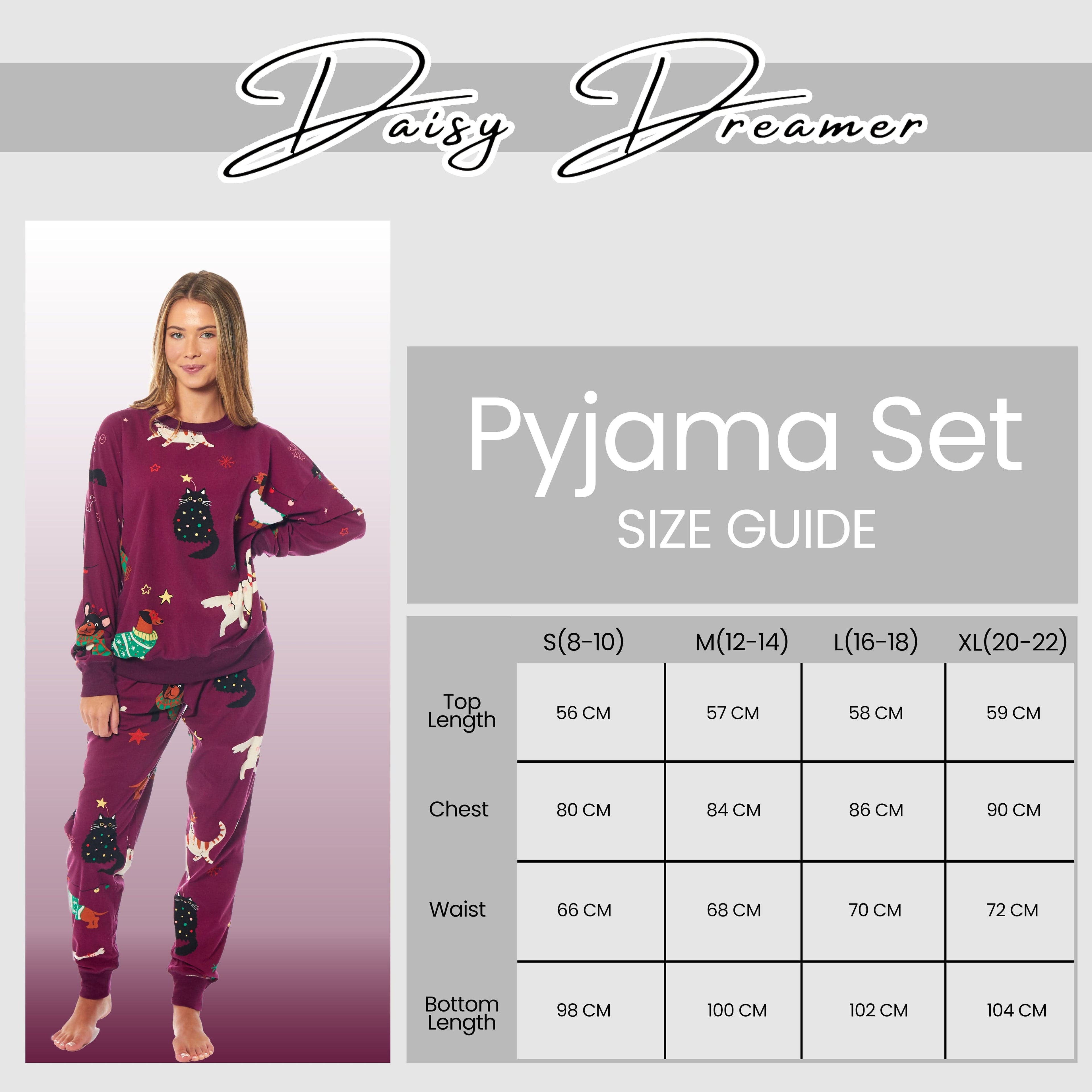 Daisy Dreamer Women's Cat And Dog Print Fleece Pyjama Set Long Sleeve Sleepwear Cosy Cotton Rich Nightwear Set