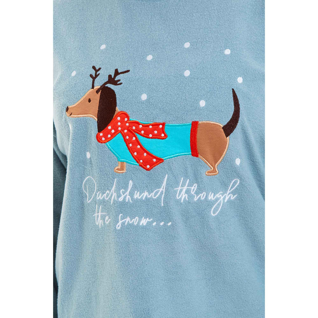 Daisy Dreamer Womens Dachshund Polar Fleece Pyjama Set With Hood Embroidered Detailing