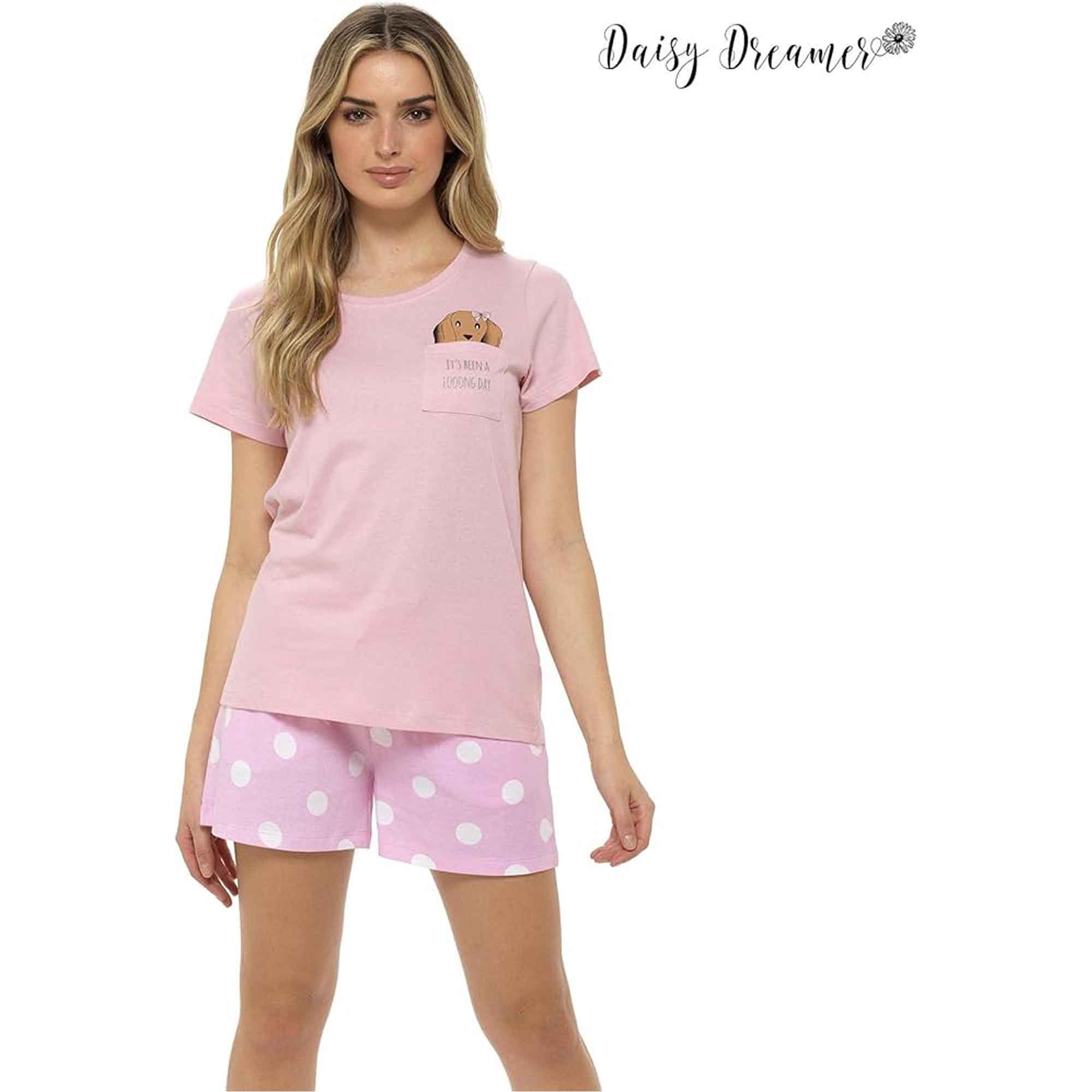 Daisy Dreamer Womens Cotton Sausage Dog Print T Shirt And Shorts Pyjama Set For Summer