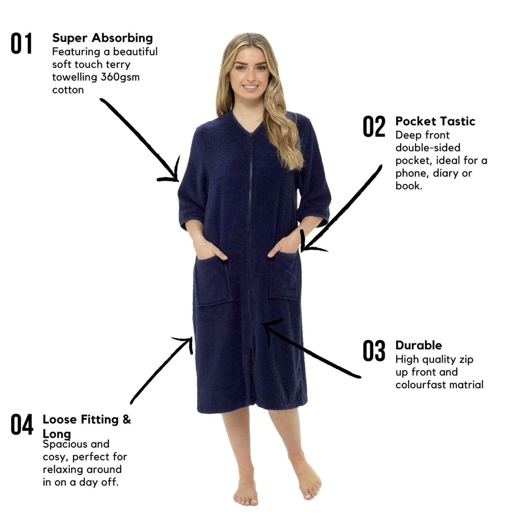 Daisy Dreamer Womens Terry Towelling Bath Robe Zip Through 100% Cotton Ultra Absorbent