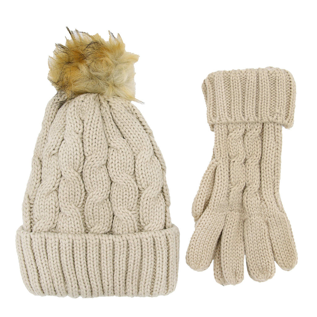 Heatwave Thermalwear Womens Cream Chunky Knit Winter Hat And Gloves Set With Faux Fur Pom
