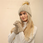 Heatwave Thermalwear Womens Cream Chunky Knit Winter Hat And Gloves Set With Faux Fur Pom