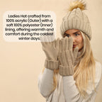 Heatwave Thermalwear Womens Cream Chunky Knit Winter Hat And Gloves Set With Faux Fur Pom