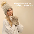 Heatwave Thermalwear Womens Cream Chunky Knit Winter Hat And Gloves Set With Faux Fur Pom