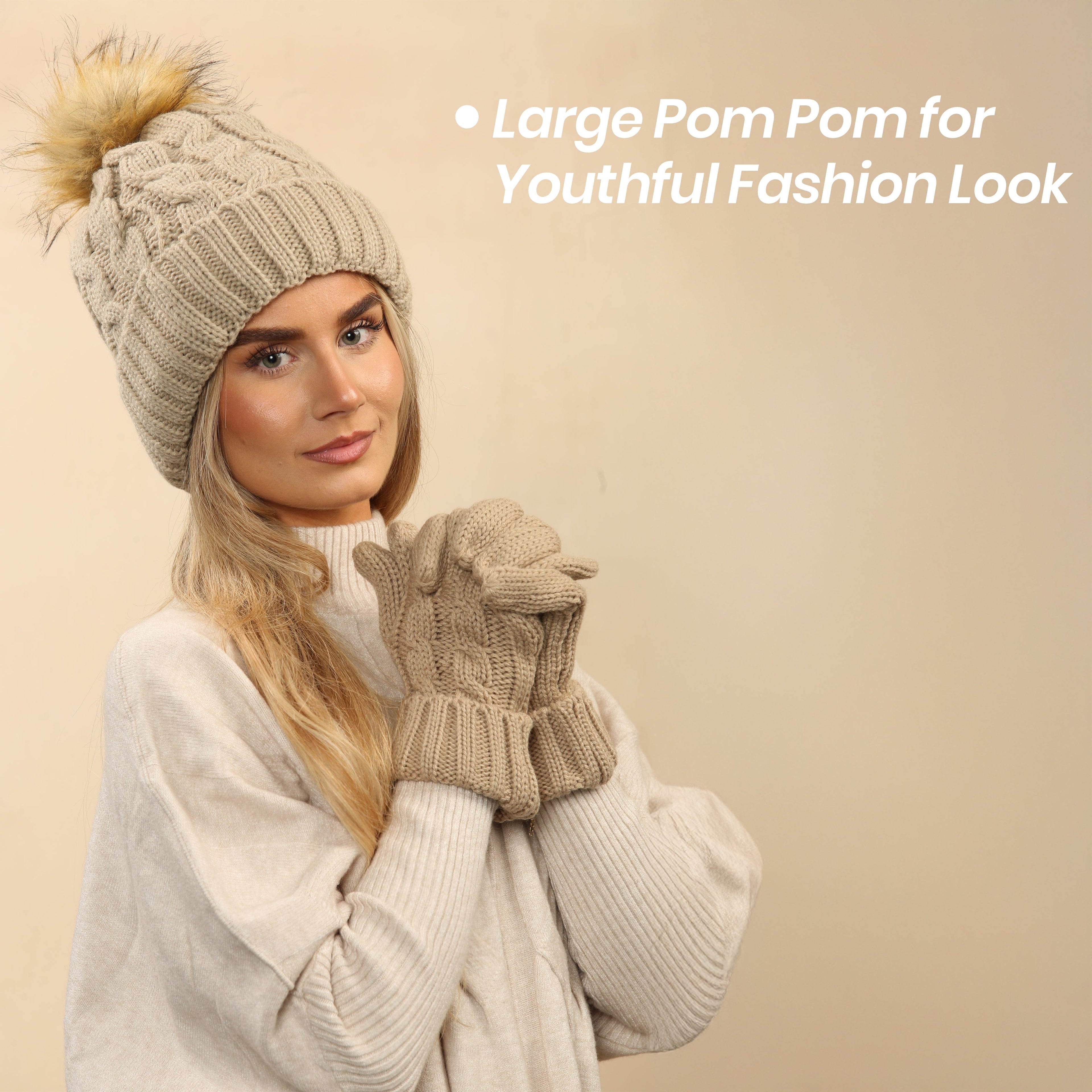 Heatwave Thermalwear Womens Cream Chunky Knit Winter Hat And Gloves Set With Faux Fur Pom