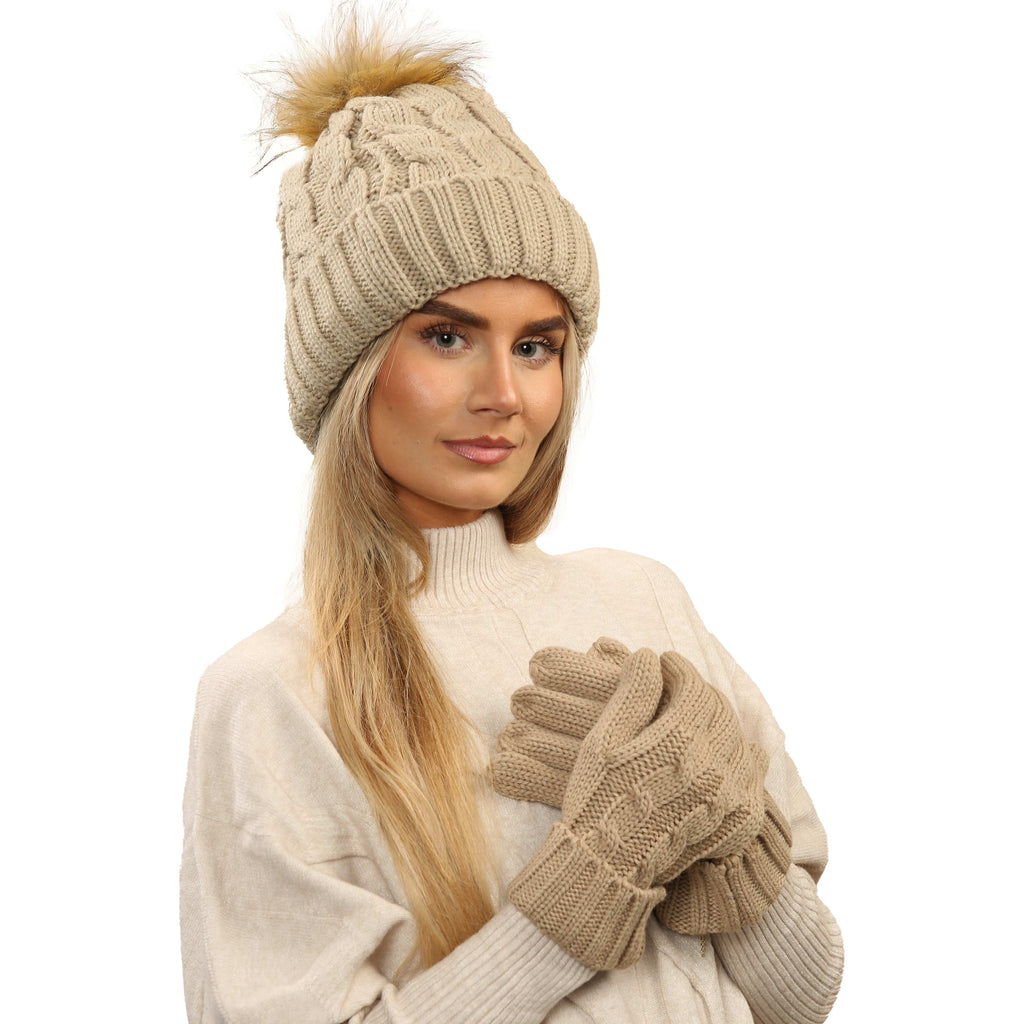 Heatwave Thermalwear Womens Cream Chunky Knit Winter Hat And Gloves Set With Faux Fur Pom
